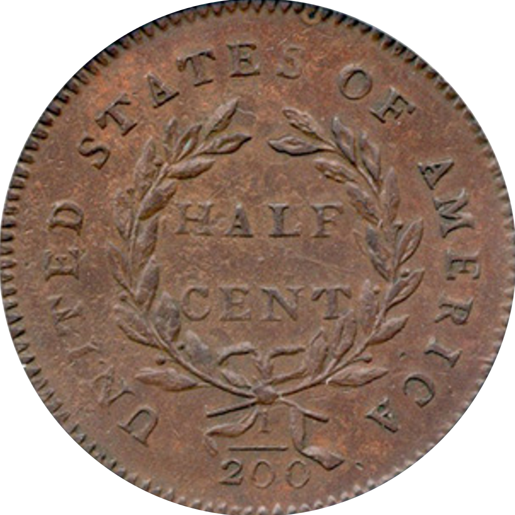 ½ Cent "1⁄200 Dollar Liberty Cap, Head Facing Right, Half Cent" reverse